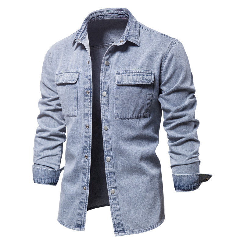 2025 Spring Vintage 100% Cotton Denim Shirts Jacket Men Casual Solid Color Long Sleeve Washed Jeans Shirt
